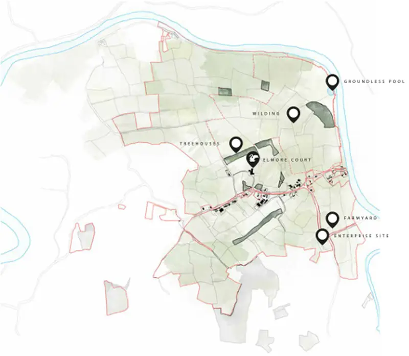 Map of elmore court estate and treehouse retreats in the rewilding area