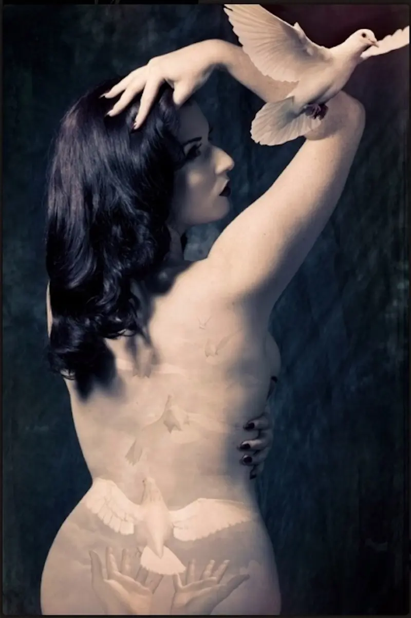 Burlesque performer stands with back to camera releasing a white dove from her body. Burlesque show near Cheltenham