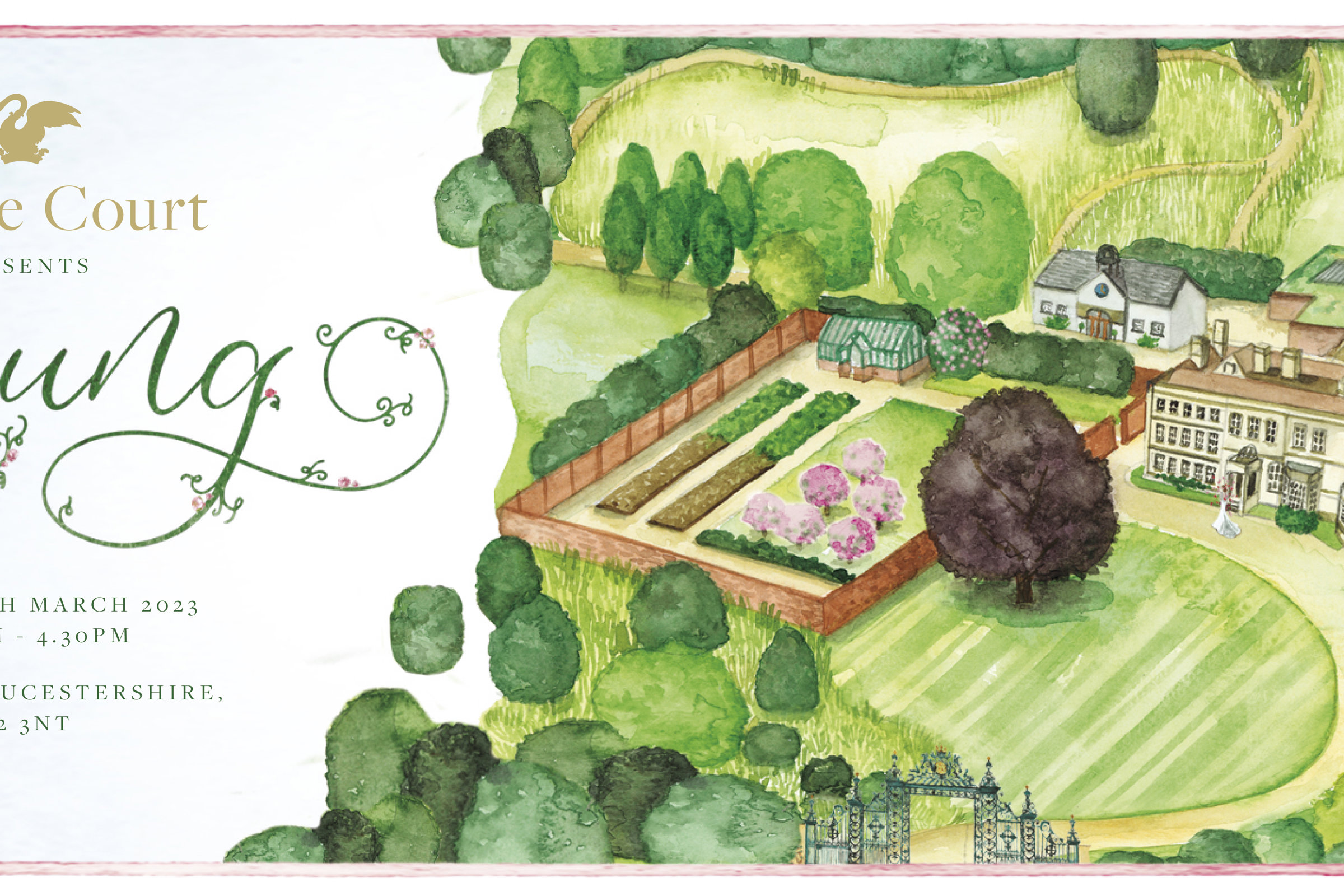 Beautiful watercolour wedding illustration of a cotswolds wedding venue and estate for march wedding fair
