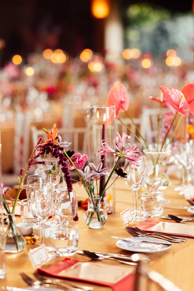 Colourful wedding reception decor and retro stationery for party wedding in Gloucester