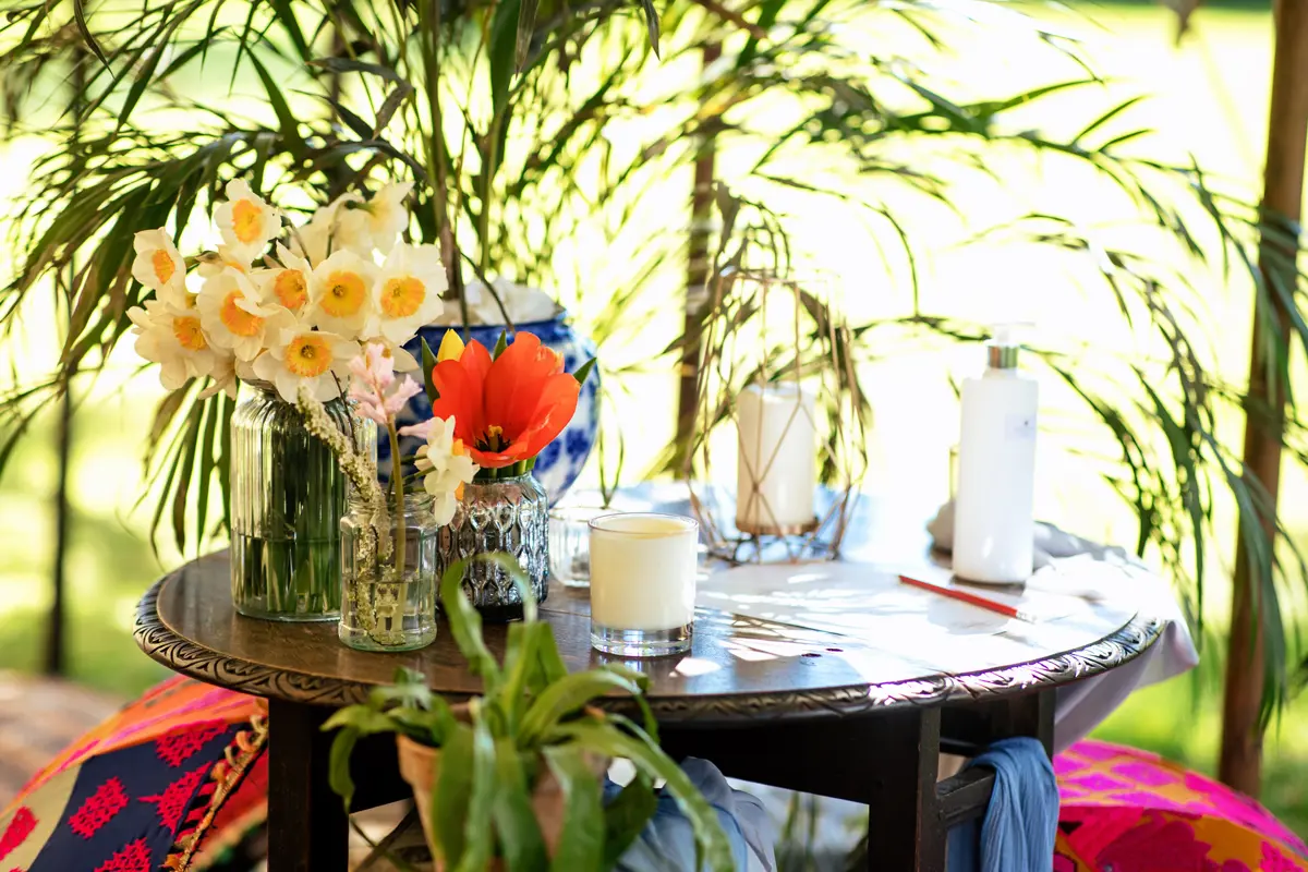 flowers on tables outdoor wedding