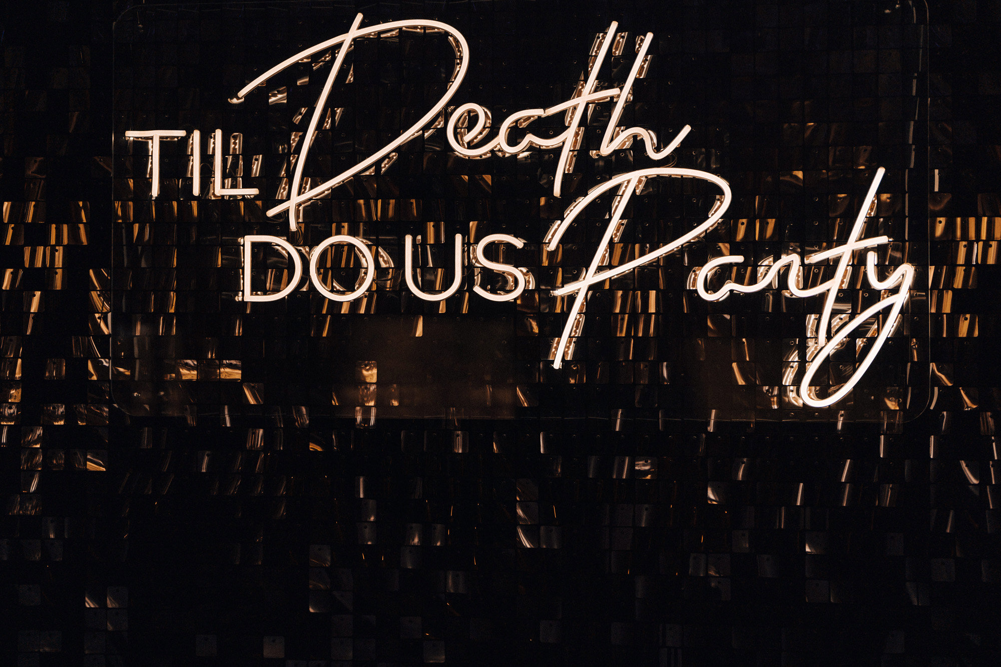 Till death do us party sign for a black and gold wedding with dark and moody vibes in gloucestershire