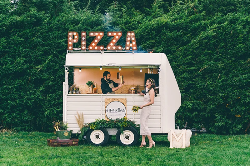 Wedding pizza van with light up sign