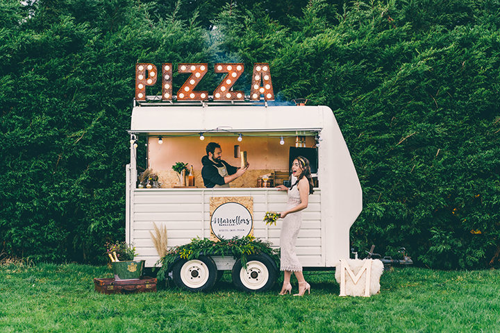 Wedding pizza van with light up sign