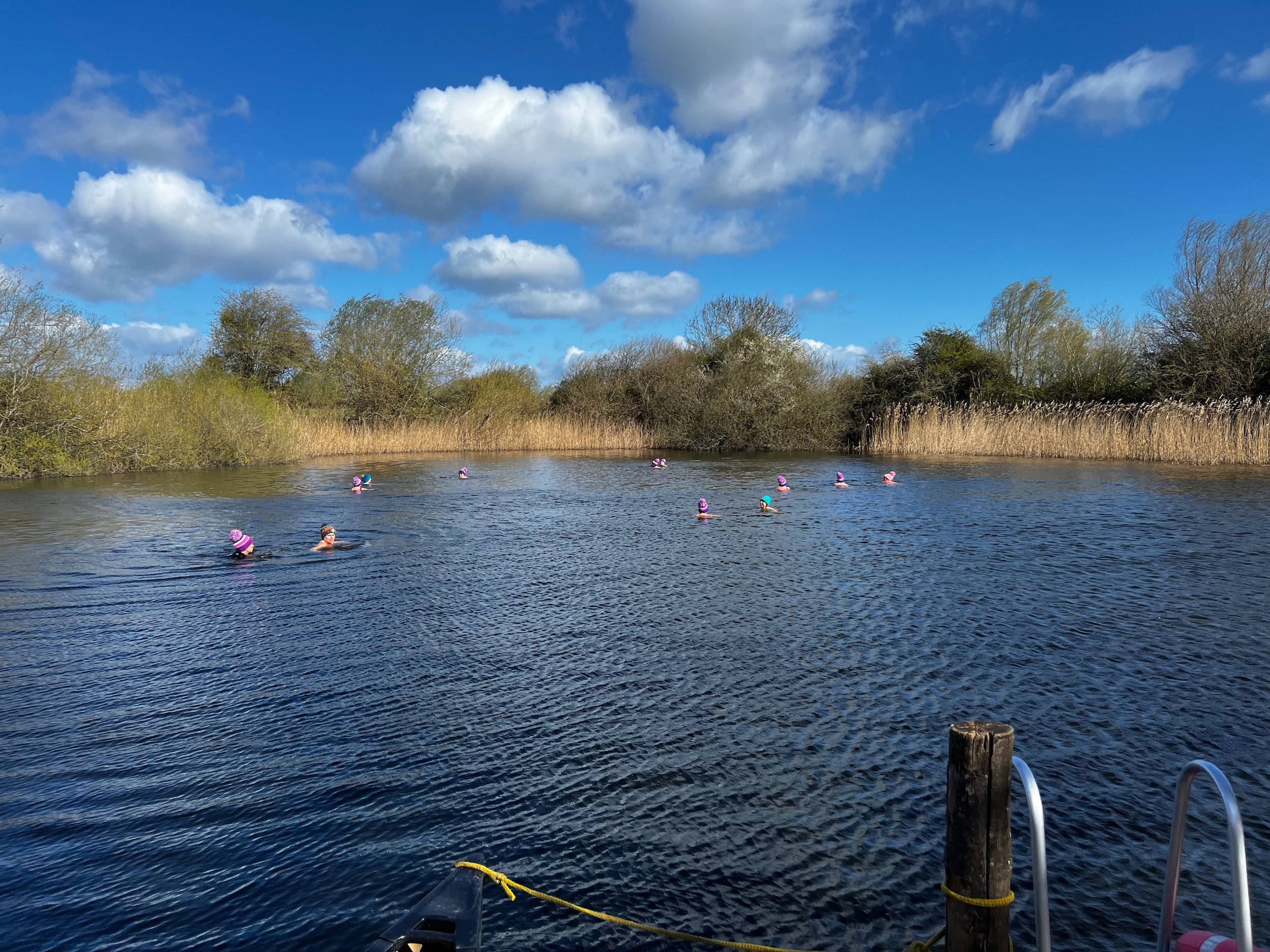 Cold waters swimmers at the wild swimming lake at elmore estate