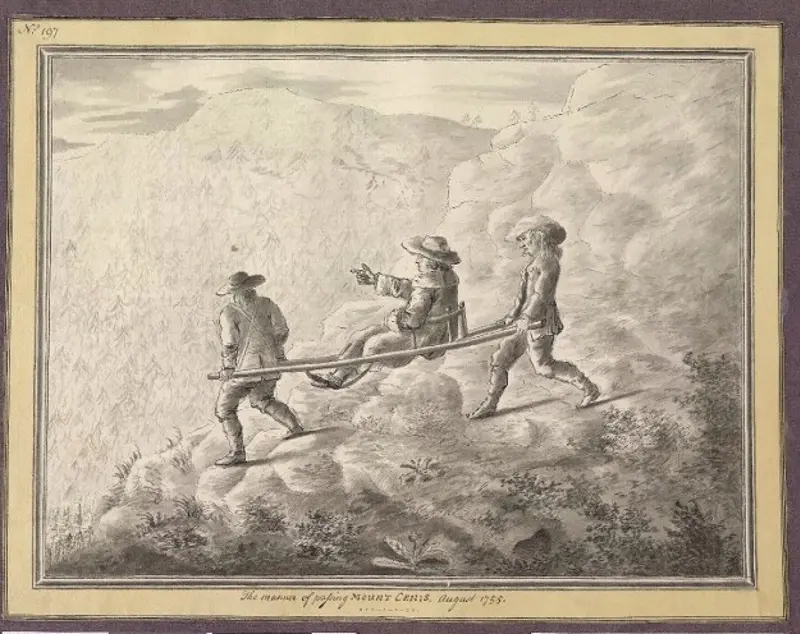 Sir William Guise of Elmore Court crosses the alps by Sedan chair- carried by two chair men paid half a crown