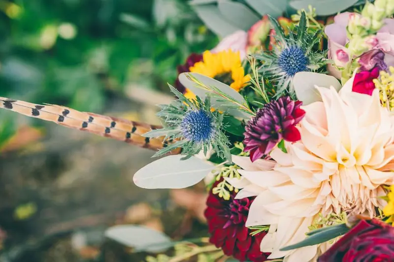 Wedding Boquet Feathers Thistles