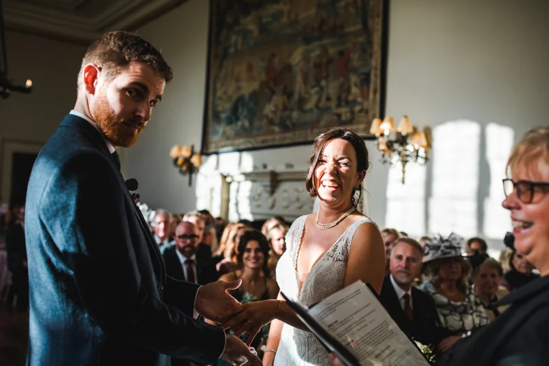 bride laughs wedding ceremony