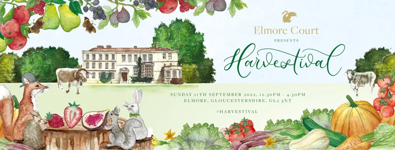 September wedding fair illustration with harvest fruits and animals feasting for an open day at wild wedding venue elmore court