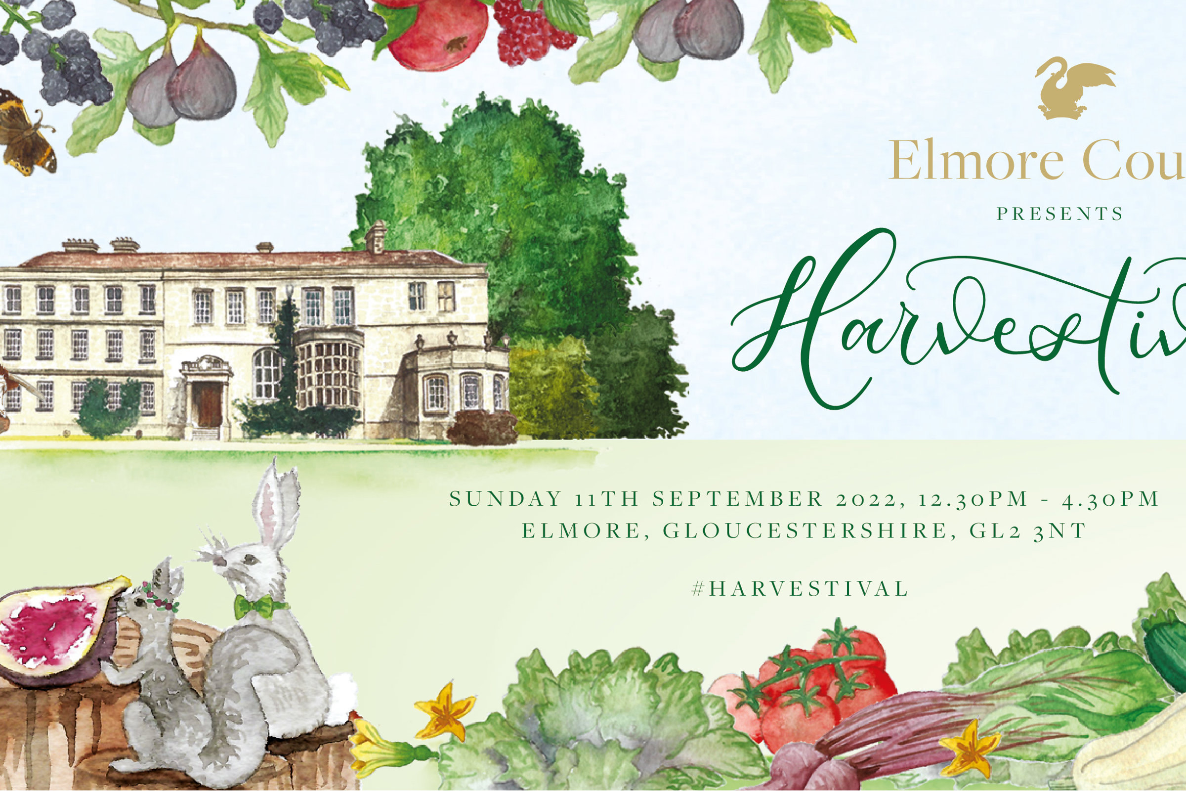 September wedding fair illustration with harvest fruits and animals feasting for an open day at wild wedding venue elmore court