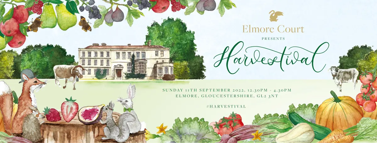 September wedding fair illustration with harvest fruits and animals feasting for an open day at wild wedding venue elmore court