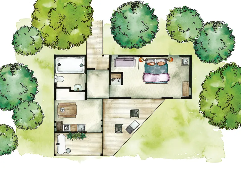 Water colour painting of an architectural plan showing a woodland treehouse