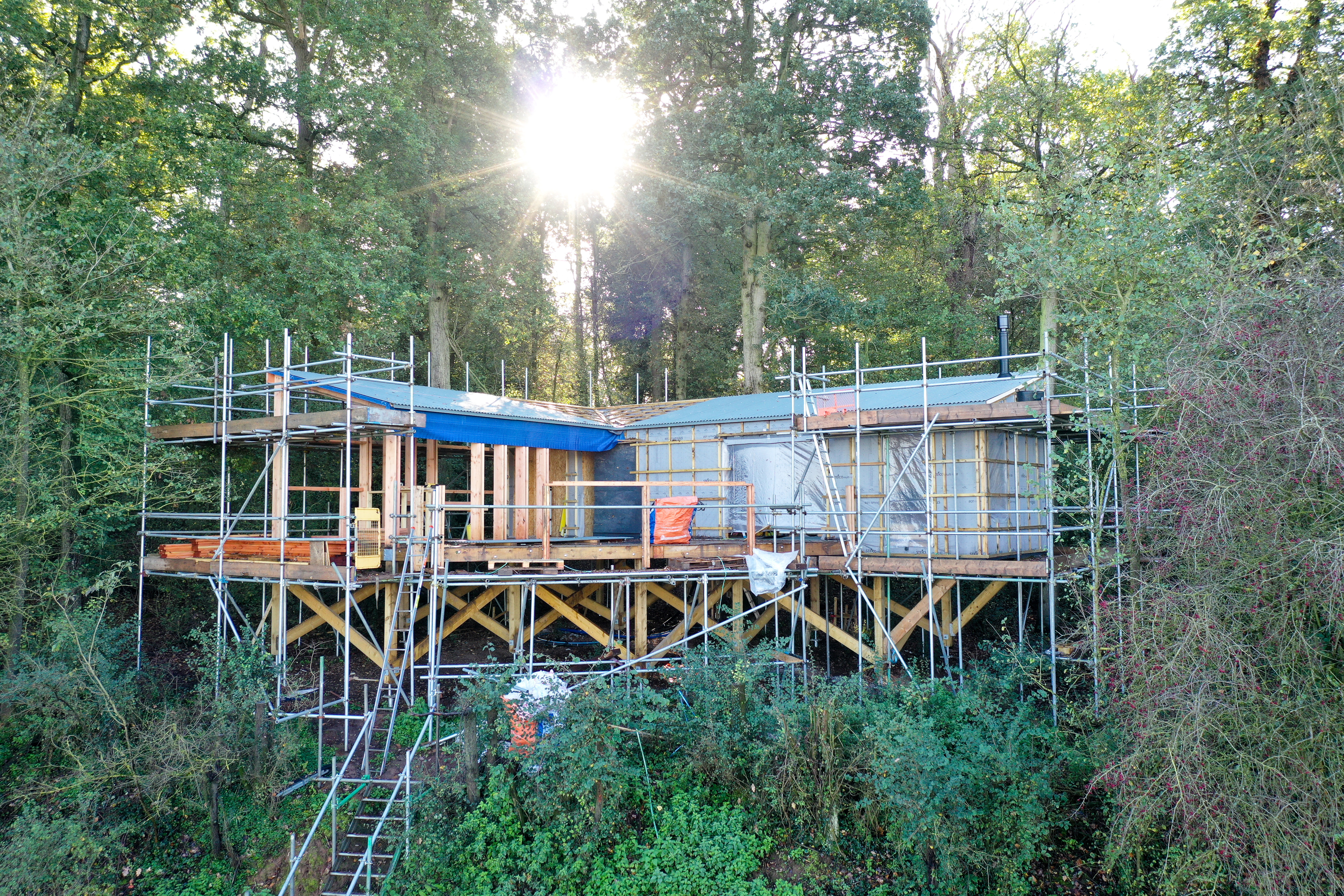 A treehouse being built with the sun beaming through the trees in a woodland at Elmore Court