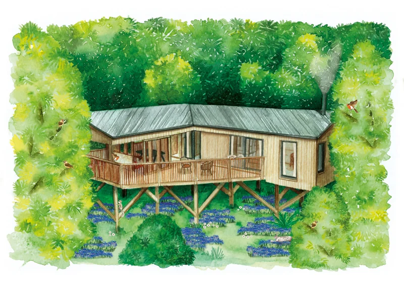 Treehouses nestled in the bluebell woodland at Cotswolds wedding venue elmore court illustrated in watercolor by Emerald Paper design