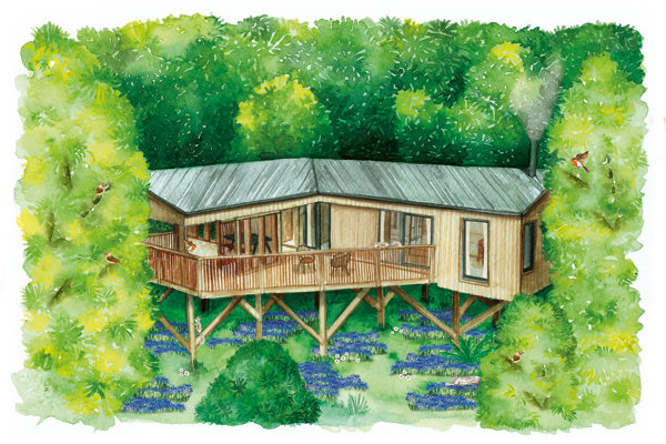 Treehouses nestled in the bluebell woodland at Cotswolds wedding venue elmore court illustrated in watercolor by Emerald Paper design
