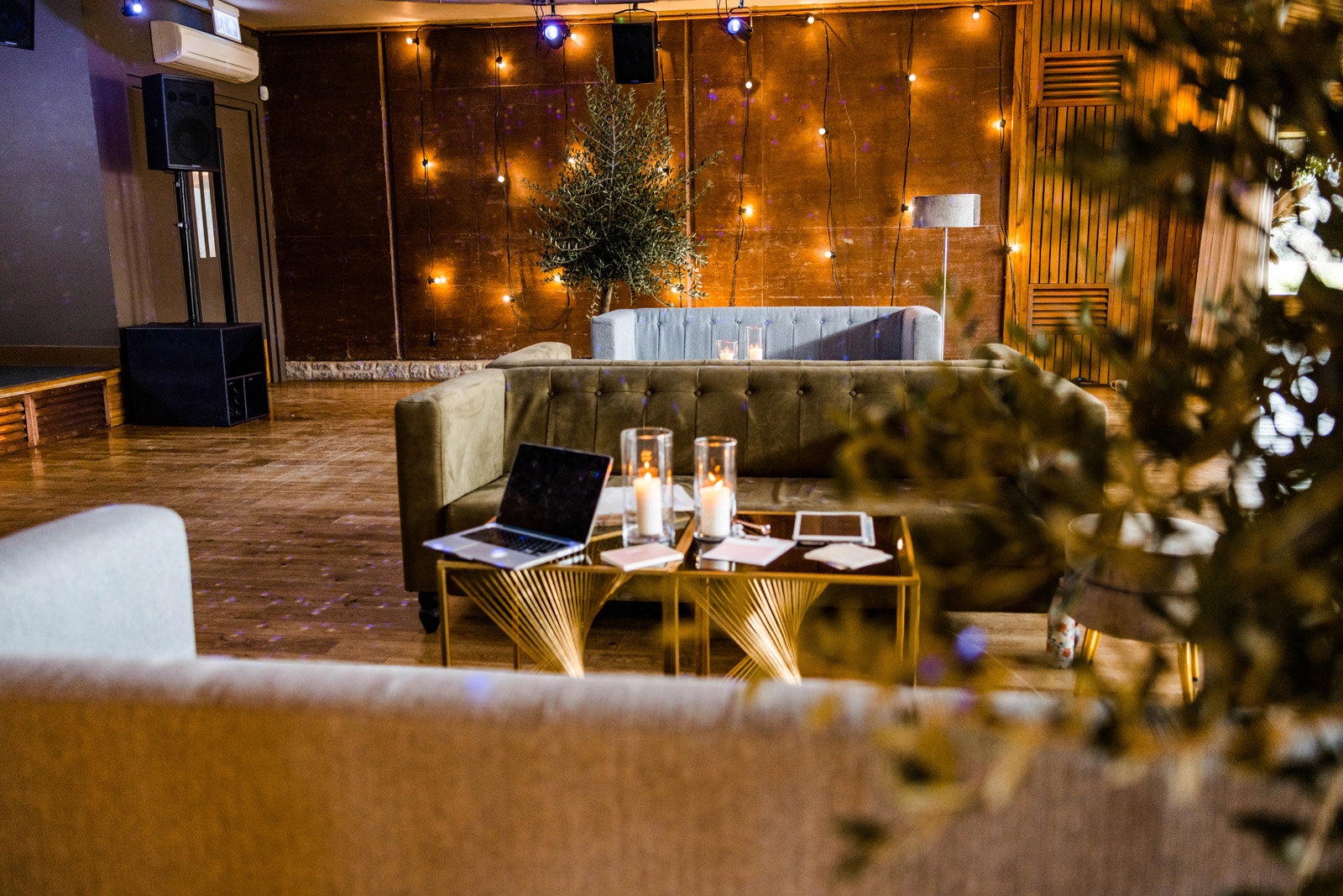 Stylish sofas for a chill out area at a wedding in an eco venue