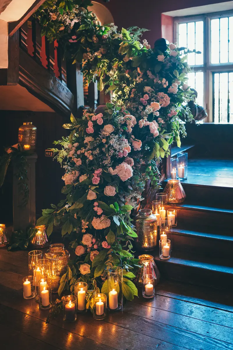 Romantic wedding stairway with roses, greenery and candles decorated up an old staircase in a stately home