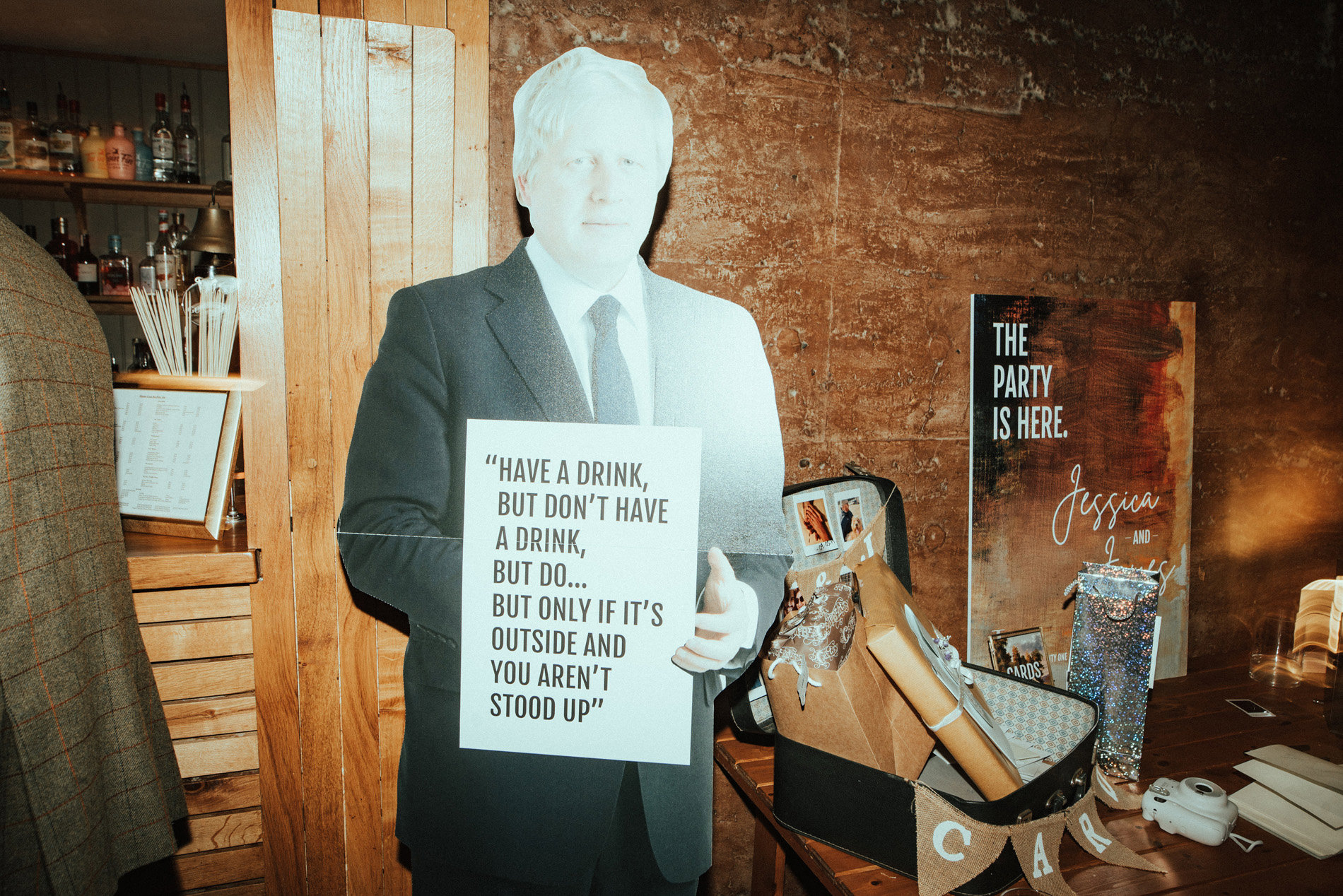 Funny Boris Johnson sign for a dark wedding theme