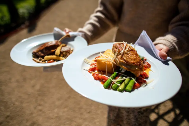Rosemary & lemon marinated roast chicken breast, crispy potato hash, tomato and basil ragu and asparagus and parmesan from our summer menu