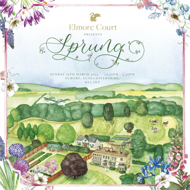 March wedding fair artwork with beautiful watercolour illustration of wedding venue and estate in the cotswolds