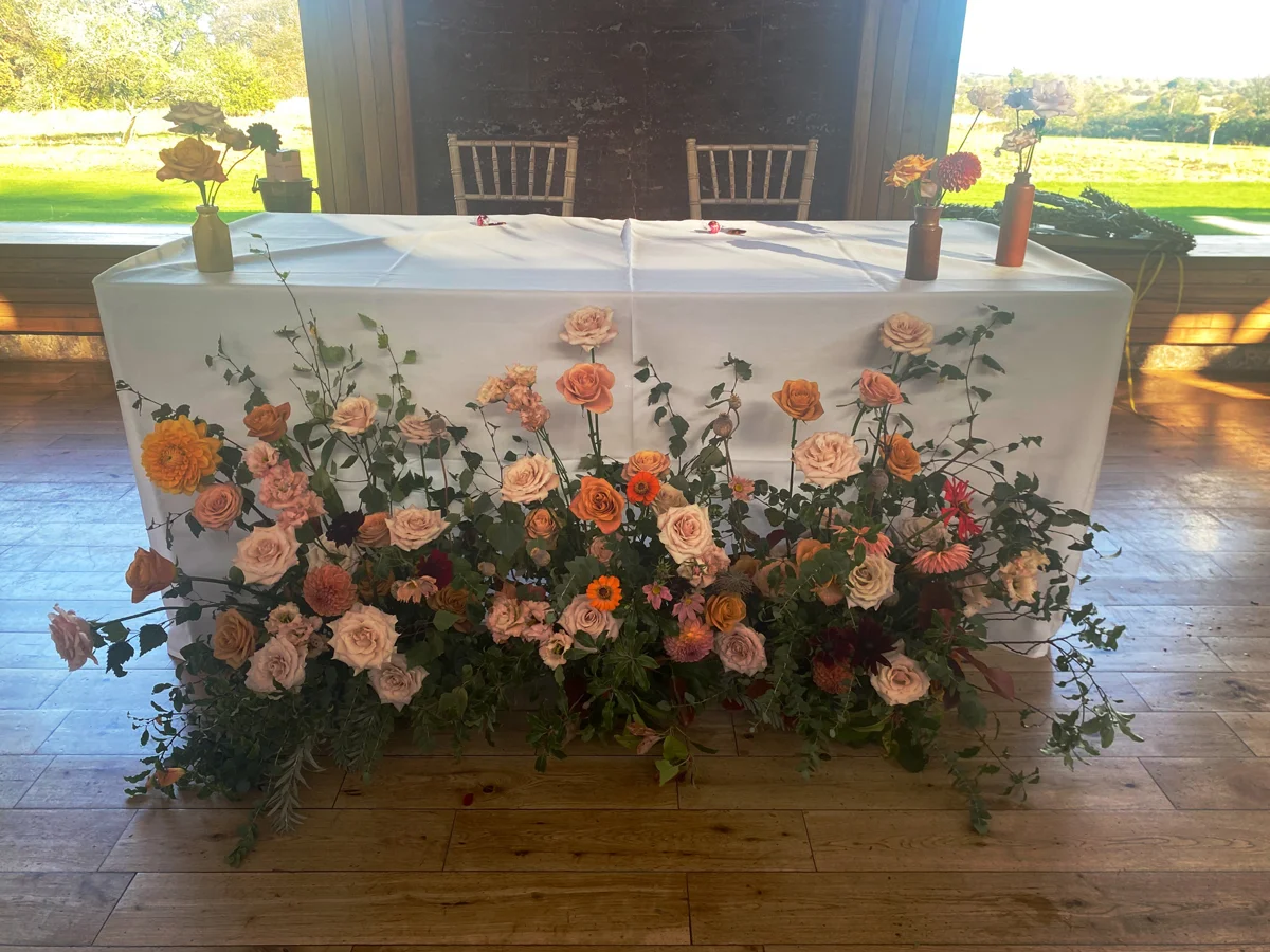 Wildflower meadow table for a sustainable wedding reception in the cotswolds