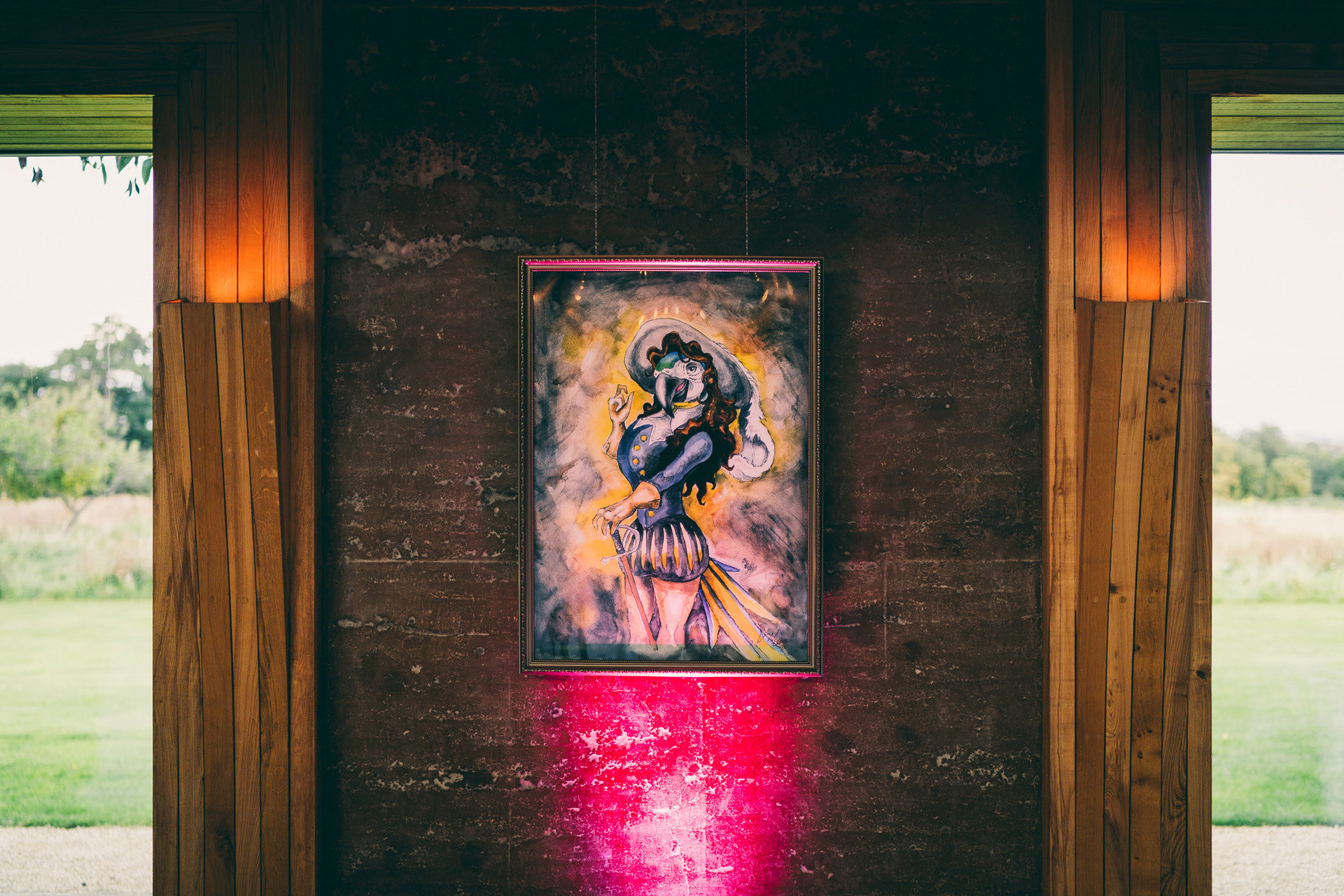Weird parrot art work hung on the walls of the gillyflower to decorate the parrot cage cabaret