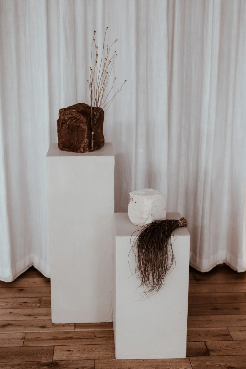 Still life wedding installation at rewilding inspired reception